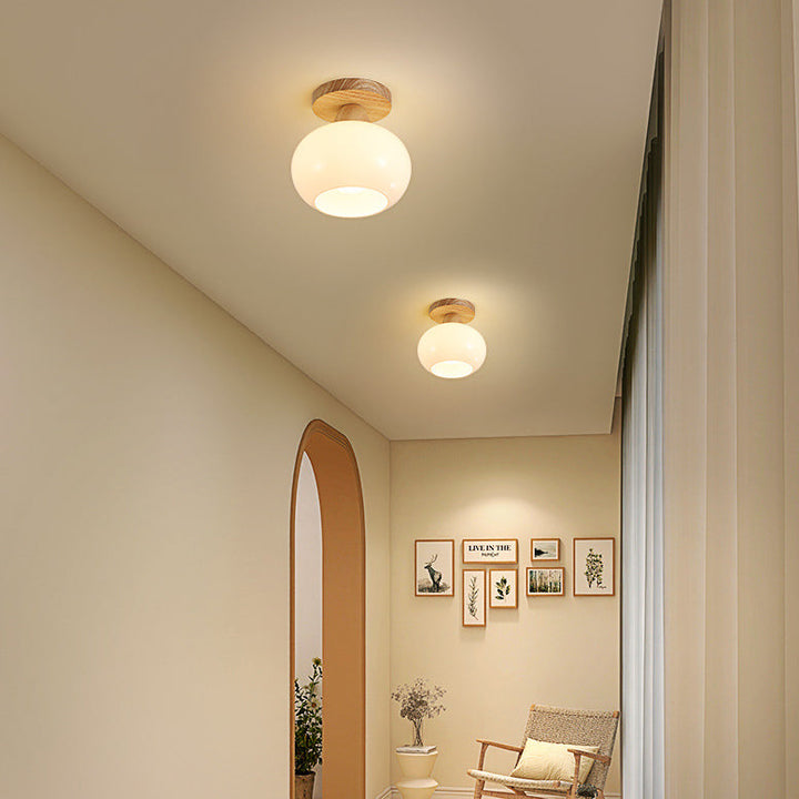 Luz de techo semiempotrada de 1 luz de vidrio y madera minimalista moderna para sala de estar 