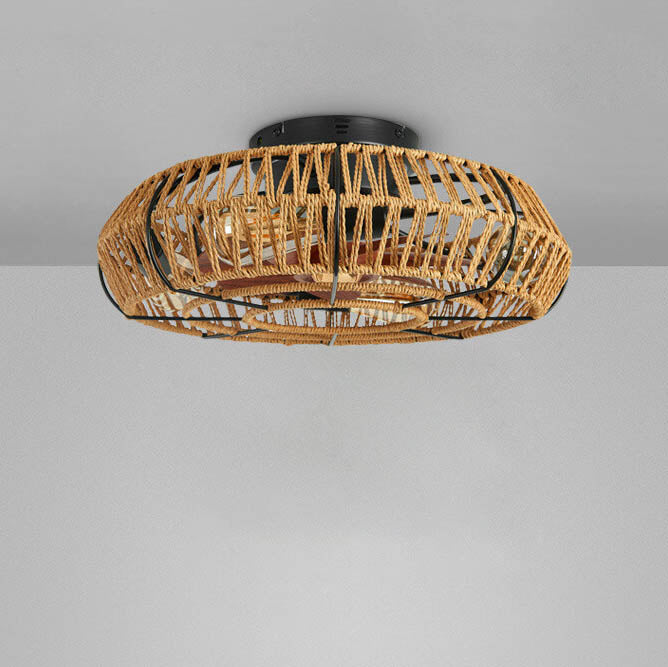 Traditionelle rustikale runde Trommel Eisen Hanfseil 4-Licht Semi-Flush Mount Deckenventilator Licht für das Schlafzimmer 