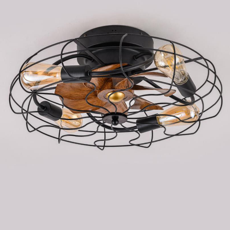 Contemporary Industrial Wood Grain Drum Cage Design Iron APS 3-Light Flush Mount Ceiling Fan Light for Living Room