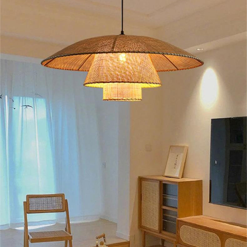 Traditioneller japanischer dreifacher runder Rattan-Kronleuchter mit 1 Licht für Wohnzimmer 