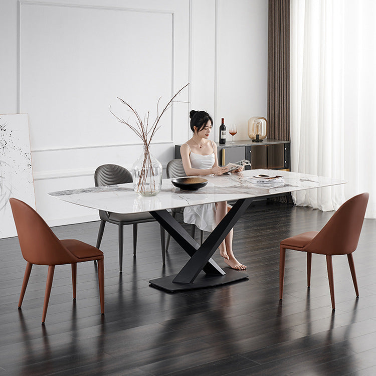 Contemporary Nordic Rectangular Arched Striped Cat Scratch Leather Carbon Steel Dining Chair Backrest Armless For Dining Room