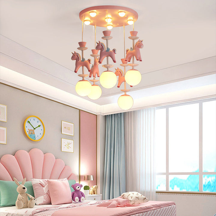 Moderno Arte Deco Niños Hierro Resina Vidrio Base Redonda Bola Caballo 1/3/5 Luces Plafón para Techo de Dormitorio 