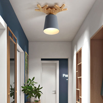 Modern Minimalist Antler Solid Wood Iron 1-Light Flush Mount Ceiling Light For Hallway