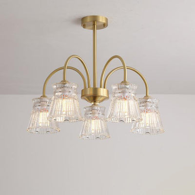 Zeitgenössische Retro gebogene Stange Blume Tasse Kupfer Glas 3/5/6 Licht Kronleuchter für Wohnzimmer 
