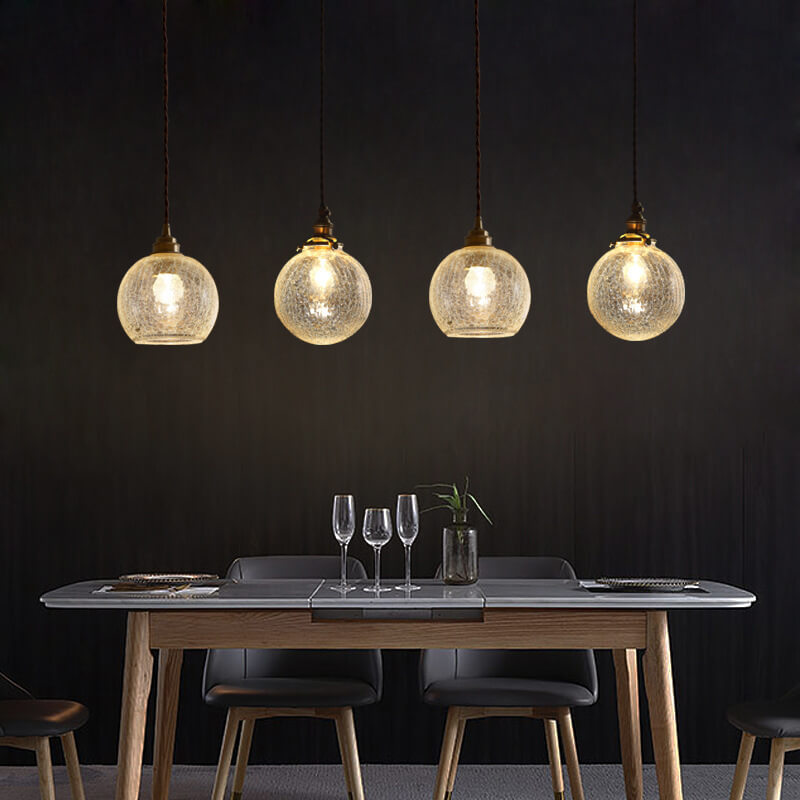 Japanese Vintage Round Crackle Glass Brass 1-Light Pendant Light