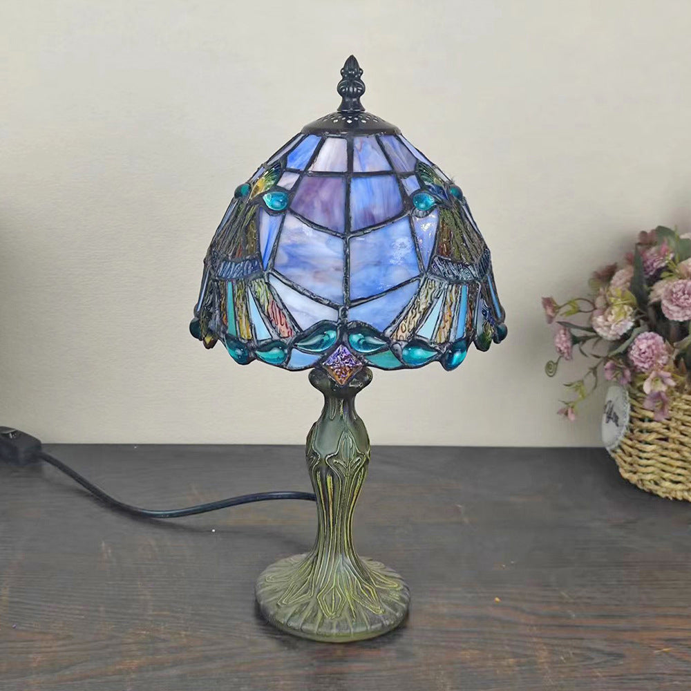 Lampe de table à 1 lumière en verre teinté en zinc à motif de fleurs traditionnelles Tiffany Dome pour chambre 