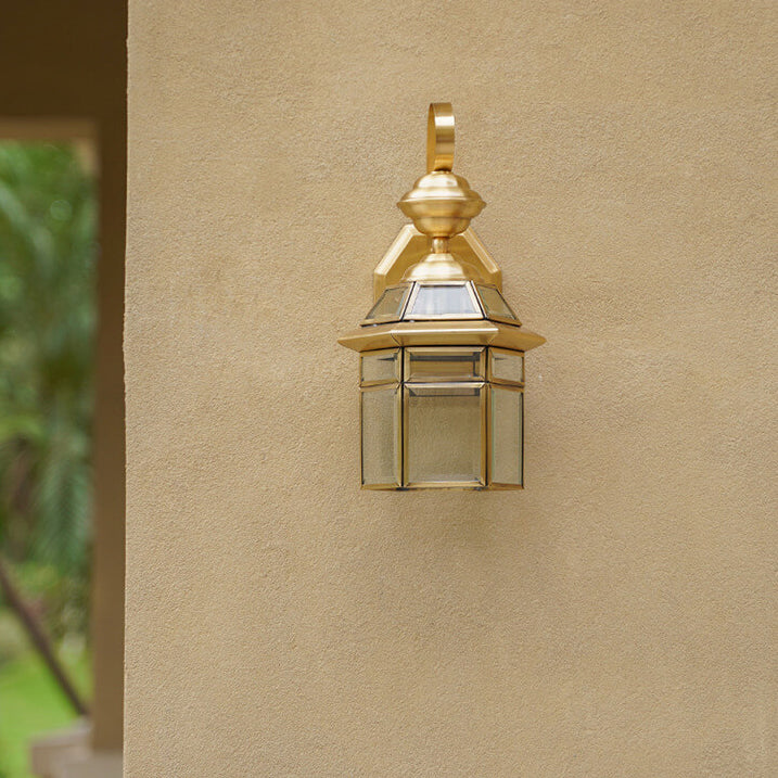 Traditional European Outdoor Hexagonal Cage Glass Copper 1-Light Waterproof Wall Sconce Lamp For Outdoor