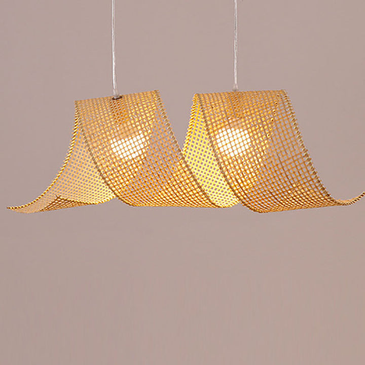 Traditional Japanese Bamboo Wood Wave Spiral 2/3/6 Light Chandeliers For Dining Room