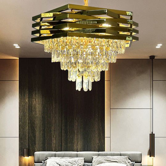 Contemporary Luxury Square Stacked Branch Crystal Metal Stainless Steel 5/7/8/9-Light Chandelier For Living Room