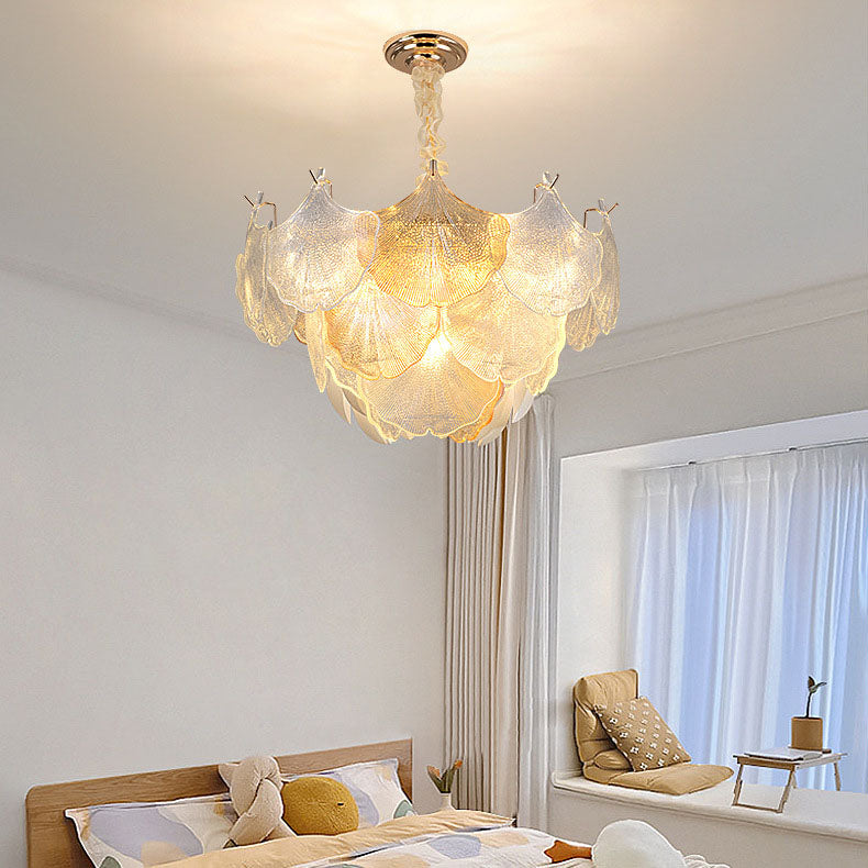 Lustre à 6/9 lumières en verre et fer avec feuille de ginkgo traditionnel français pour salon 