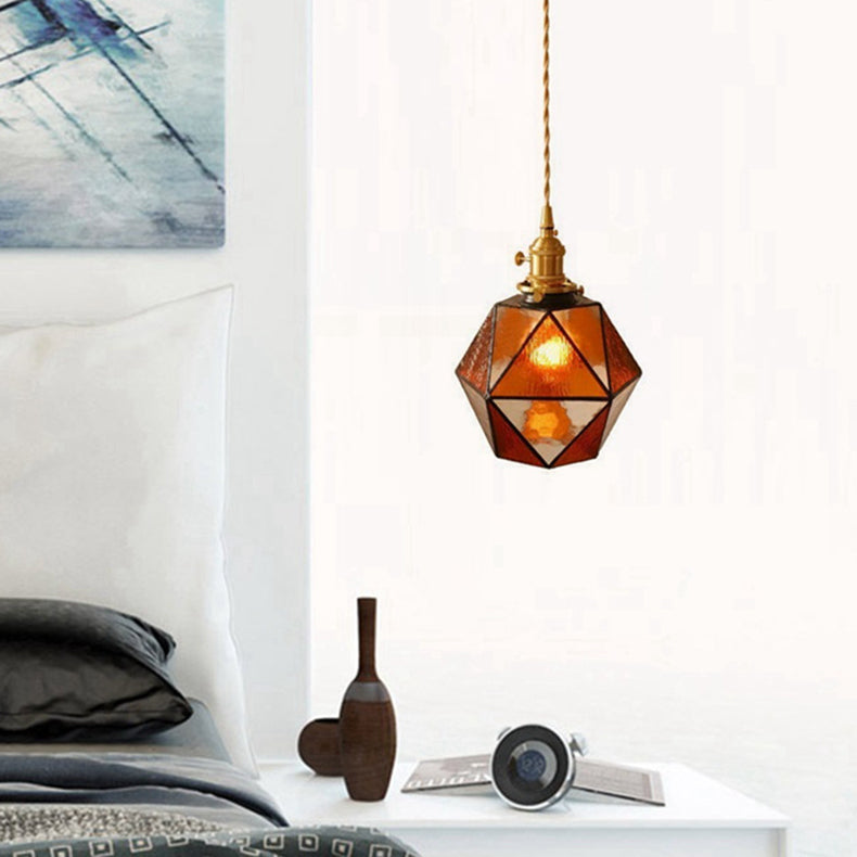 Traditional Tiffany Iron Brass Glass Polygonal Diamond 1-Light Pendant Light For Dining Room