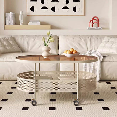 Table d'appoint mobile en fer avec dessus en verre ovale de simplicité moderne, armoire à 2 niveaux pour le salon 