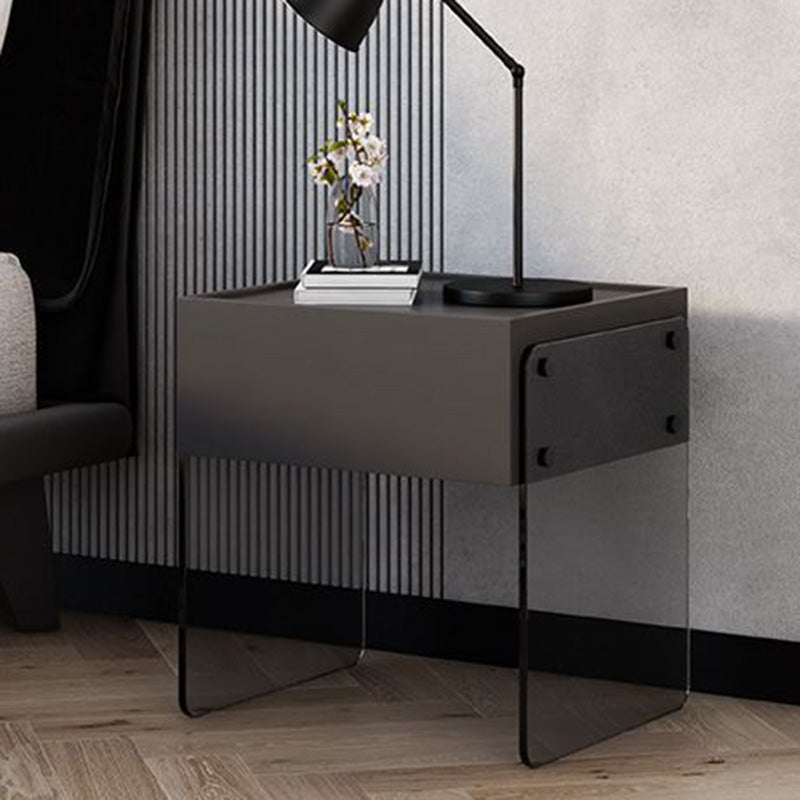 Table de nuit rectangulaire minimaliste moderne en bois avec plateau en verre et 1 tiroir pour chambre 