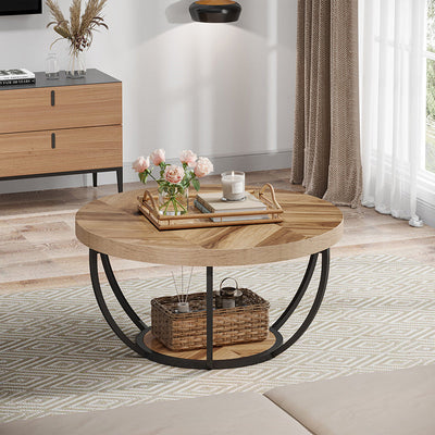 Mesa de café moderna de lujo redonda de tablero de densidad de acero con 1 estante para sala de estar 