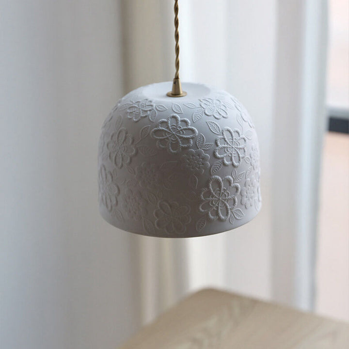 Contemporary Nordic Flower Pattern Ceramic Iron Brass Round Drum 1-Light Pendant Light