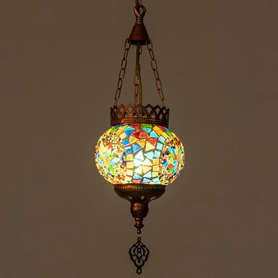 Lampe suspendue à 1 lumière avec abat-jour en verre teinté et cadre en fer bohème contemporain pour salon 