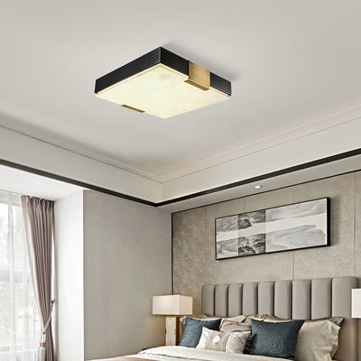 Traditional Chinese Square Marble Shade Brass Frame LED Flush Mount Ceiling Light For Living Room