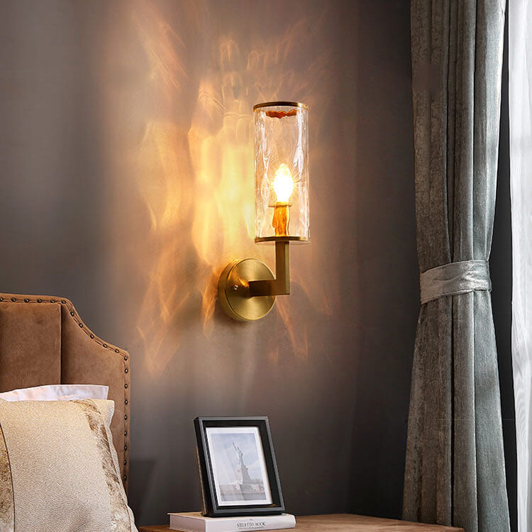 Modern Luxury Textured Glass Column Brass 1-Light Wall Sconce Lamp for Living Room