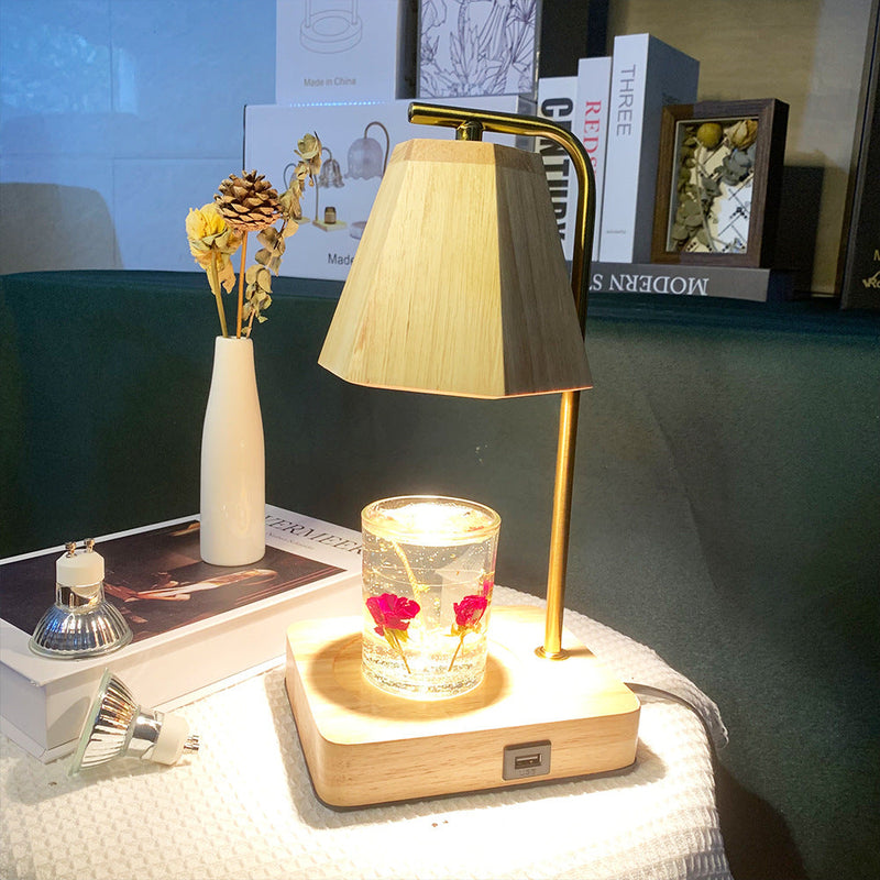 Zeitgenössische kreative sechseckige anhebbare 1-Licht-Schmelzwachs-Tischlampe aus Holz für Schlafzimmer 