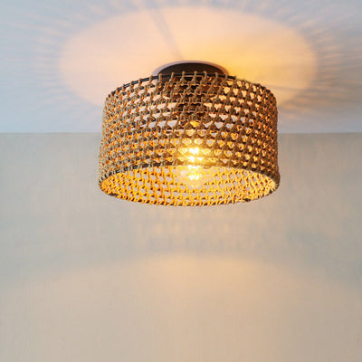 Japanische Wabi-Sabi Hanfseil Weben Zylinder 1-Licht Semi-Flush Mount Deckenleuchte 