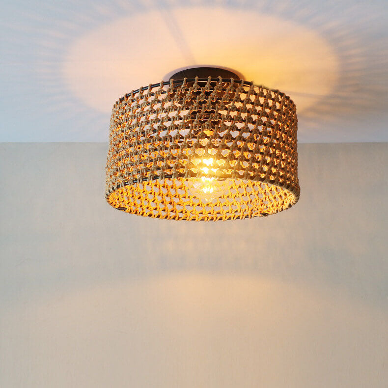 Japanische Wabi-Sabi Hanfseil Weben Zylinder 1-Licht Semi-Flush Mount Deckenleuchte 