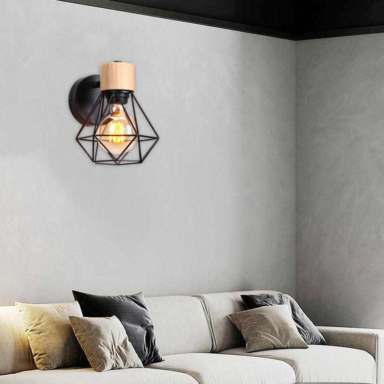 Zeitgenössische Luxus Eisen Holz Polygon Diamant 1-Licht Wandleuchte Lampe für Schlafzimmer 
