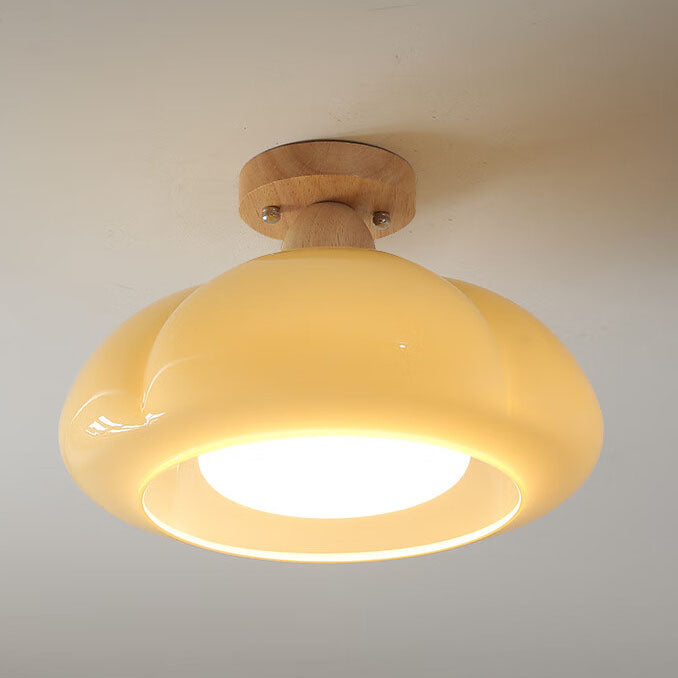 Moderne Cremefarbene Ovale Kürbisgummi-Holzglas 1-Licht Halbeinbau-Deckenleuchte 