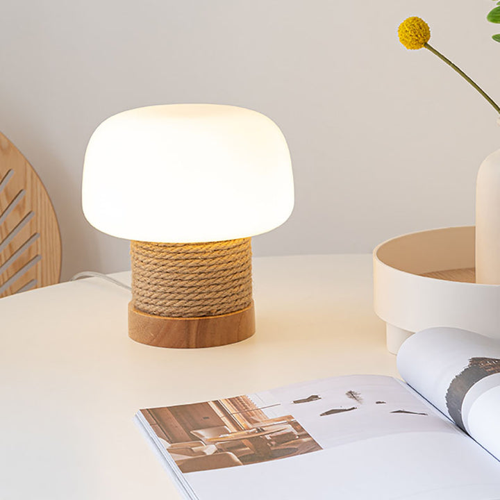 Lampe de table 1 lumière en verre avec pied en forme de cylindre minimaliste moderne et abat-jour en forme de champignon en chêne et ficelle pour chambre à coucher 