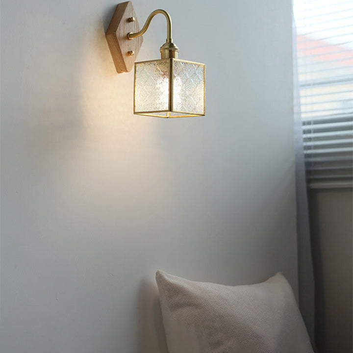 Applique Murale Traditionnelle Vintage Carrée en Verre de Cuivre et Bois à 1 Lumière pour Chambre 