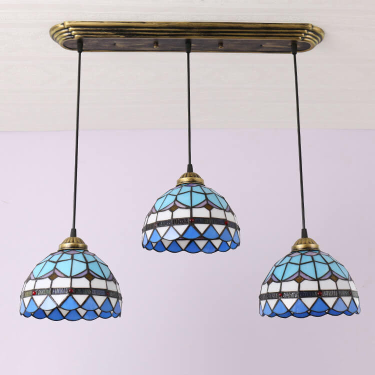 Lámpara colgante de isla de 3 luces con pantalla abovedada de vidrio Tiffany y hierro para sala de estar 