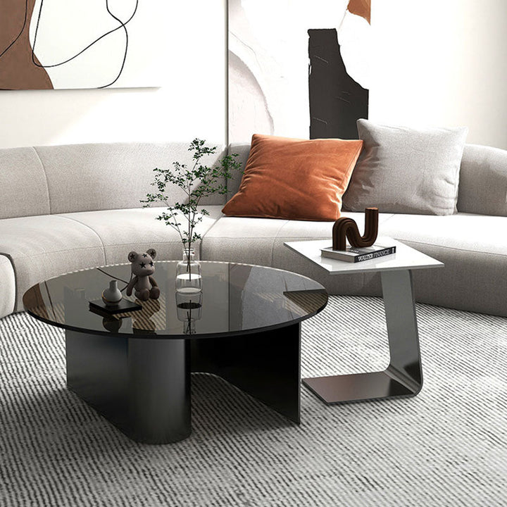 Moderner minimalistischer runder quadratischer Couchtisch aus Glas, Steinplatte und Karbonstahl mit 1 Ebene für das Wohnzimmer 