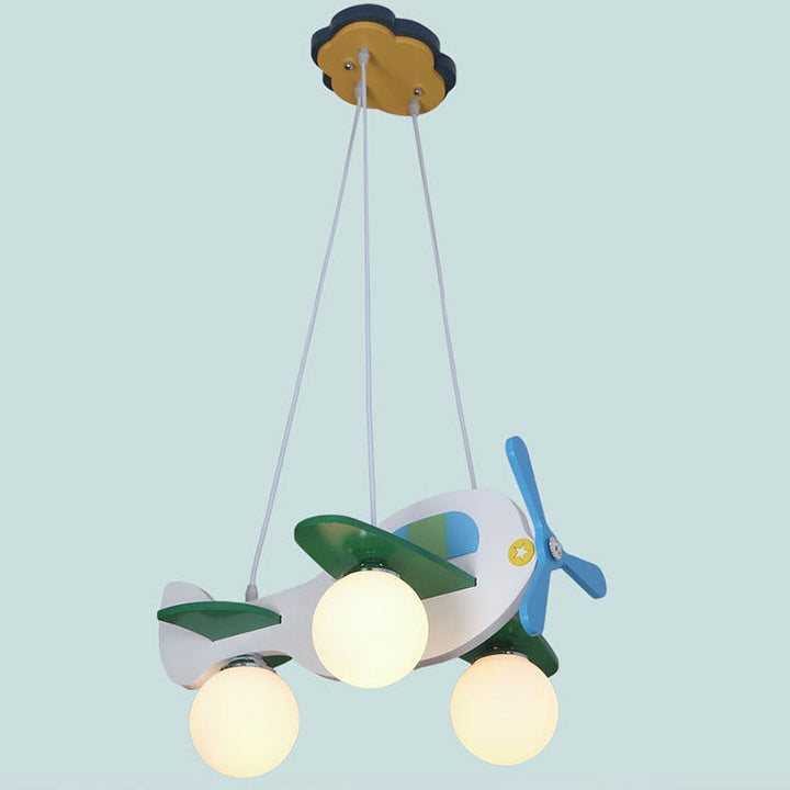 Contemporary Creative Wooden Board Propeller Plane 3-Light Kids Chandelier For Living Room