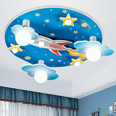 Modern Art Deco Kids Wood Plastic Round Rocket Starry Sky LED Flush Mount Ceiling Light For Bedroom