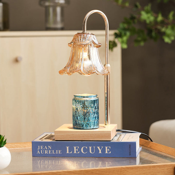 Modern Art Deco Floral Glass Metal Wood 1-Light Melting Wax Table Lamp For Bedroom