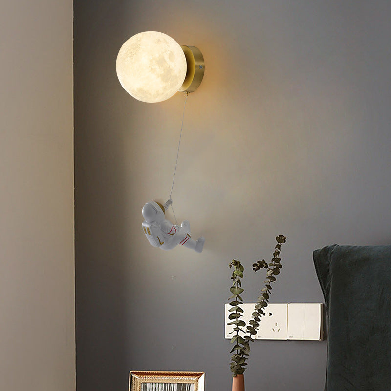 Contemporary Creative 3D Printed Moon Shade Resin Astronaut 1-Light Wall Sconce Lamp For Bedroom