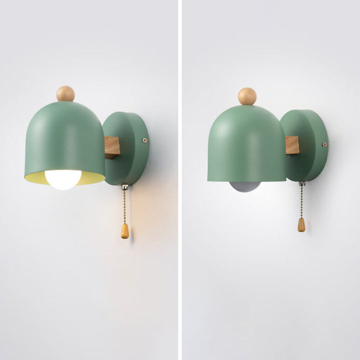 Contemporary Nordic Rubberwood Iron Dome Shade Log Pull Cord 1-Light Wall Sconce Lamp For Bedroom