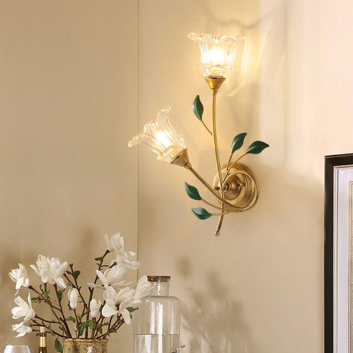 Traditionelle europäische Eisen Kristallglas Blume verlassen 2-Licht Wandleuchte Lampe für Wohnzimmer 