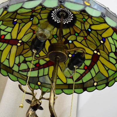 Tiffany Vintage Elk Green Dragonfly Decorative Stained Glass 2-Light Table Lamp