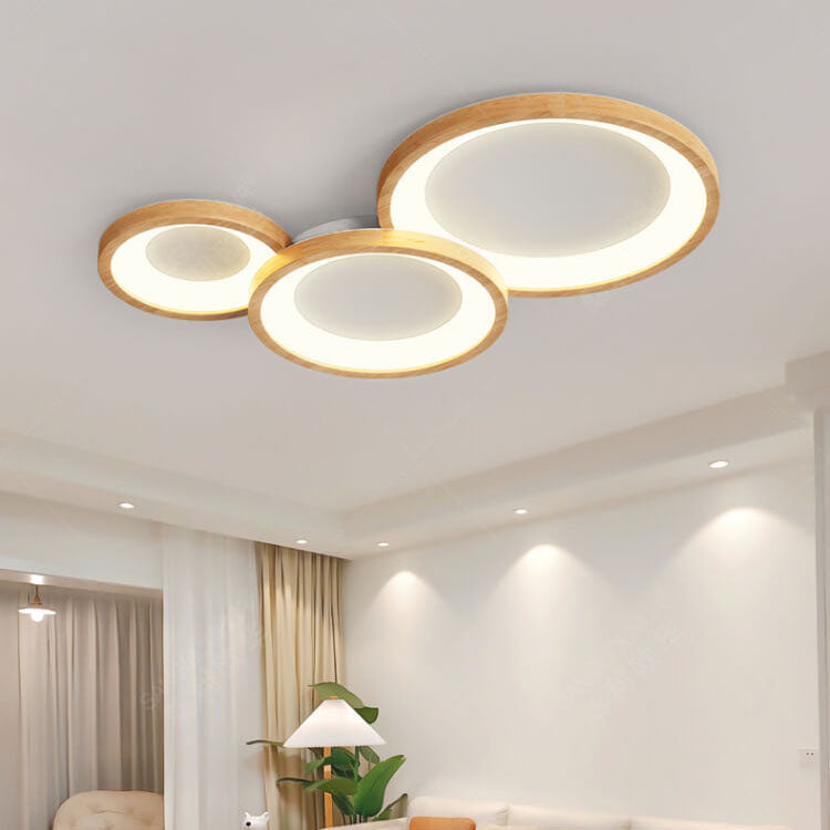 Contemporary Scandinavian Rubberwood Acrylic Log Circle Design LED Flush Mount Ceiling Light For Living Room