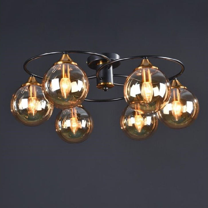 Moderne Mid-Century Eisenrahmen Magic Bean Glasschirm 4/6-Licht Halbbündige Deckenleuchte für Wohnzimmer 