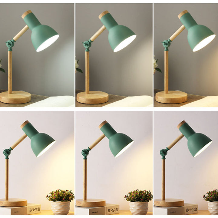 Lámpara de mesa contemporánea nórdica con pantalla semicircular de hierro y base de madera de 1 luz para estudio 