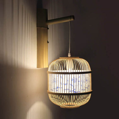 Modern Chinese Bamboo Weaving Parchment Oval 1-Light Wall Sconce Lamp