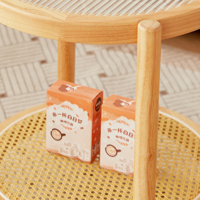 Table basse ronde minimaliste moderne en hévéa avec plateau en verre et faux rotin, à 2 niveaux, pour salon 
