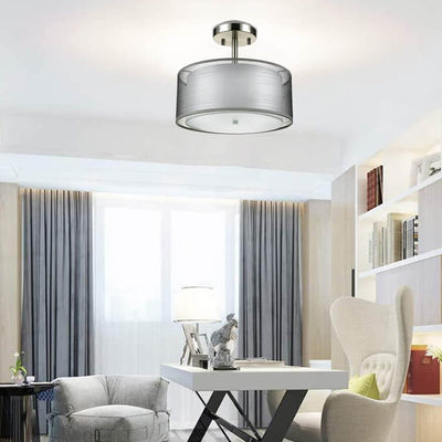 Modern Minimalist Round Iron Fabric 3-Light Semi-Flush Mount Ceiling Light For Living Room