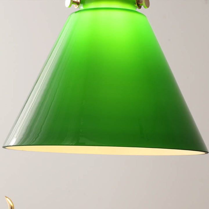 Luminaire suspendu contemporain rétro à 1 lumière en verre et cuivre à cône vert pour le salon 