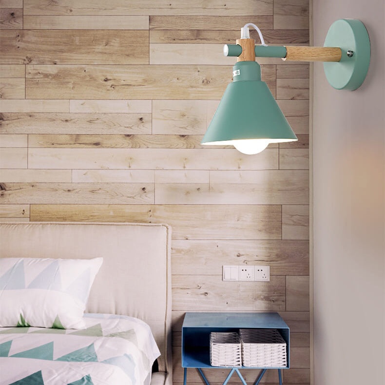 Nordic Macaron Iron Trumpet Shaped Wood 1-Light Wall Sconce Lamp