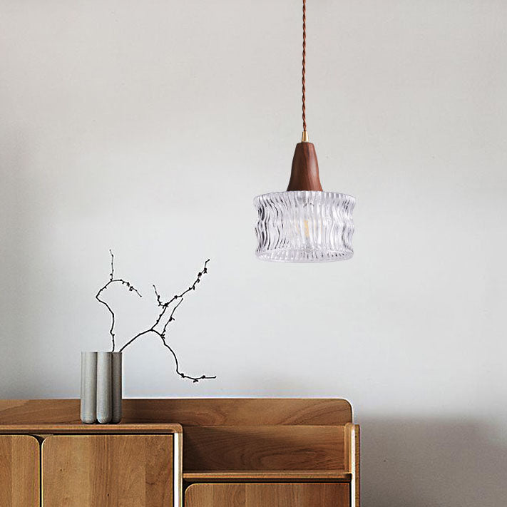 Moderne Übergangswalnuss Messing Runde Glasschirm 1-Licht Pendelleuchte Für Wohnzimmer 