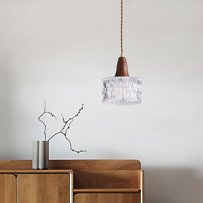 Modern Transitional Walnut Brass Round Glass Shade 1-Light Pendant Light For Living Room
