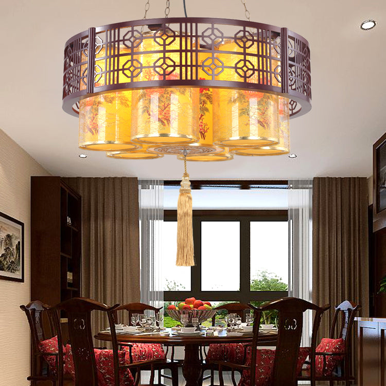 Traditioneller chinesischer Eisen-Holz-PVC-Rundzylinder bedruckter 7/9/11-Licht-Kronleuchter für Esszimmer 