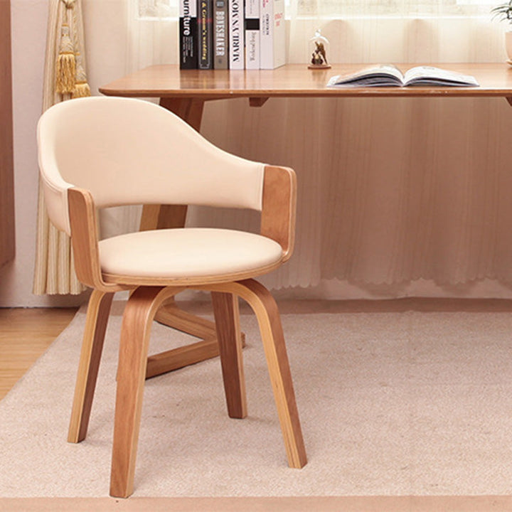 Moderner skandinavischer ergonomischer Drehstuhl mit runder Form, PU-Lederpolsterung, Holzgestell, Rückenlehne und Armlehnen für Homeoffice 